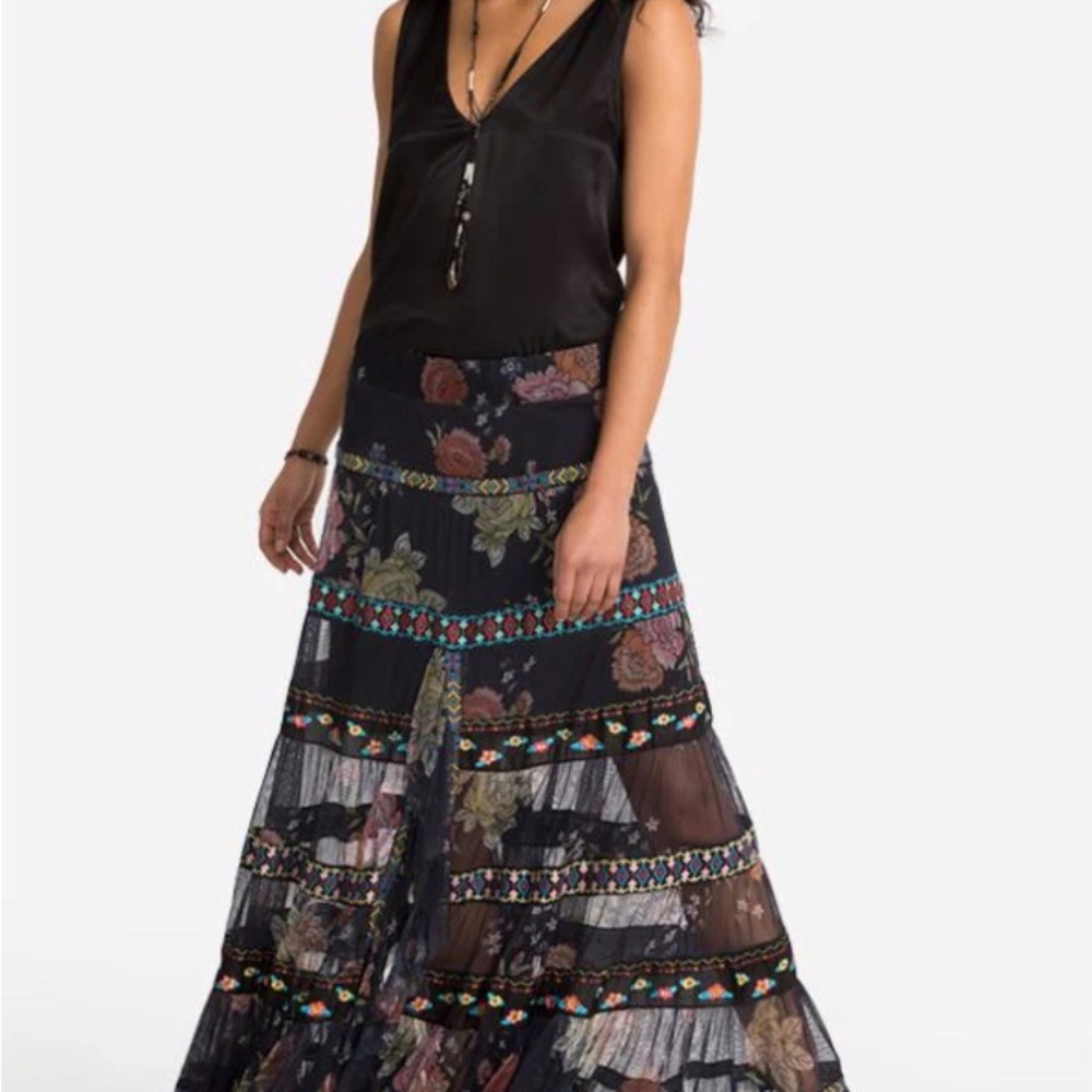 Johnny Was LULU tiered embroidered mesh skirt  med  ECU